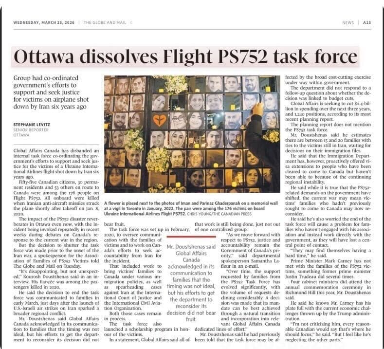 Canada’s Department of Foreign Affairs announced the dissolution of the special task force related to the downing of Flight PS752.
